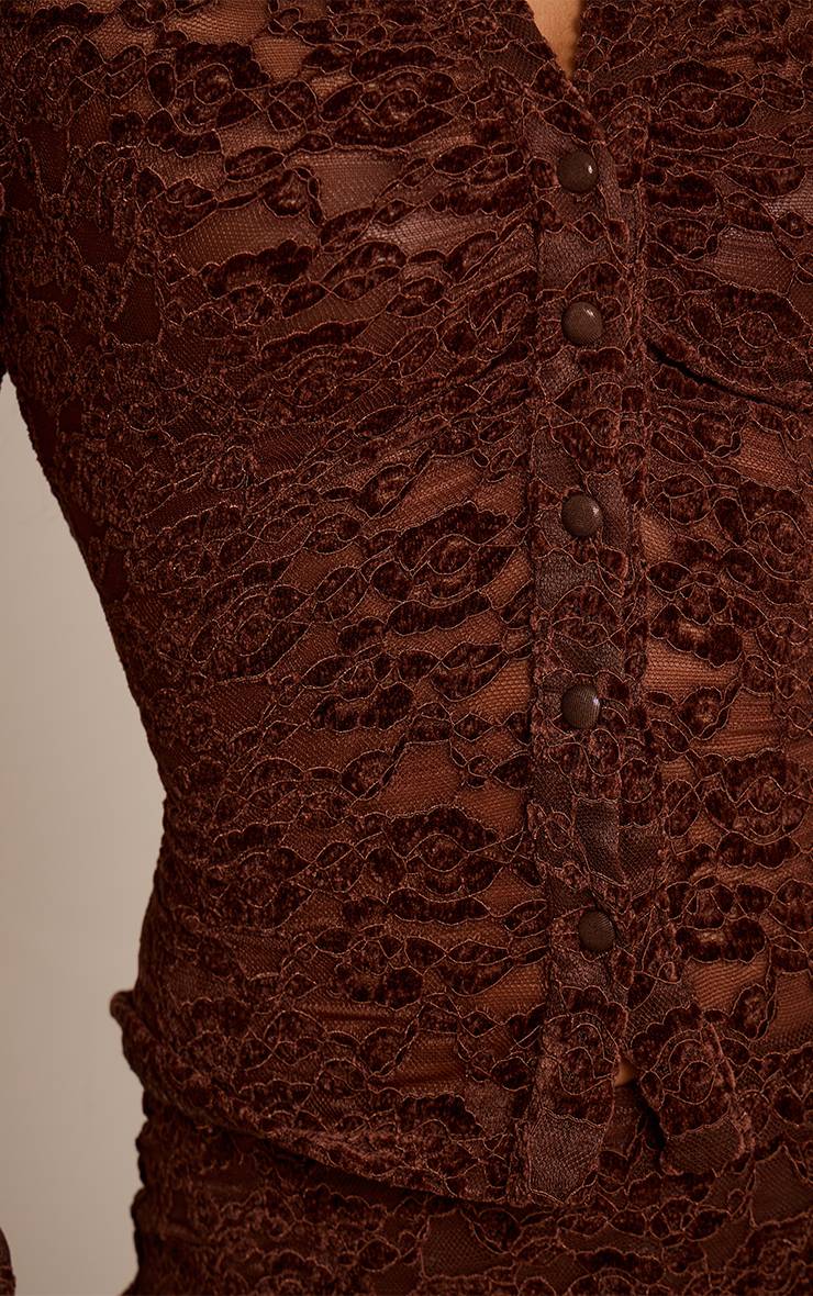 Chocolat Chemise Ajustée En Velours De Dentelle À Décolleté Plongeant