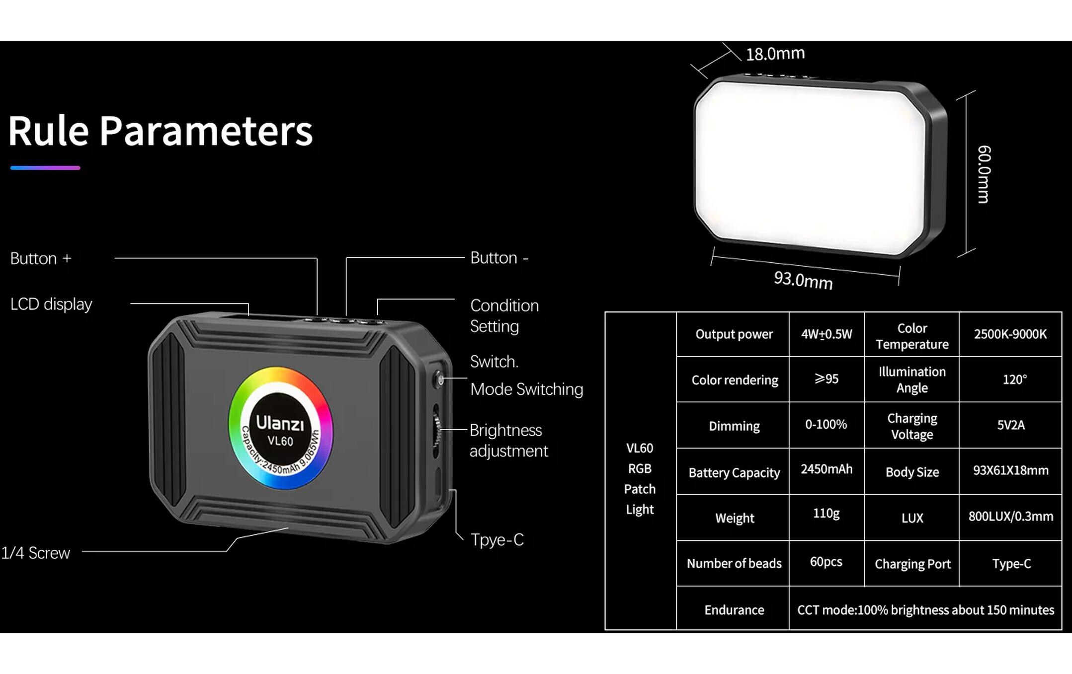 Videoleuchte VL60Tragbare quadratische Mini-Leuchte