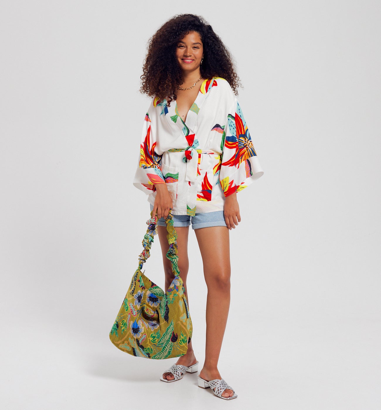 Veste kimono en satin Femme - Imprimé écru