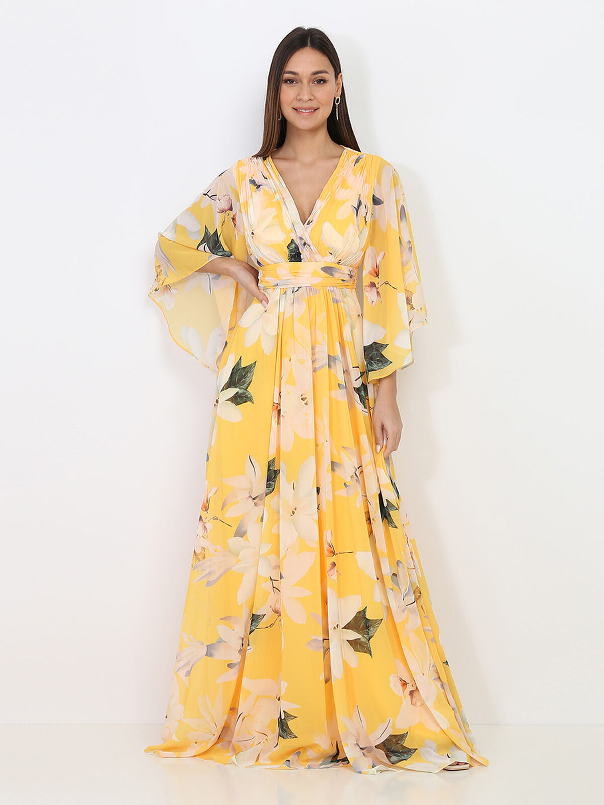 Robe longue plissée à fleurs- Jaune