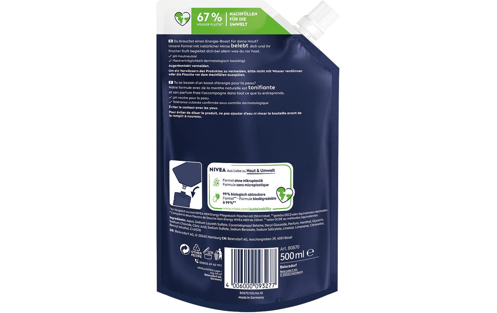 Duschgel Energy Refill 500 mlPflegedusche für Herren mit natürlicher Minze und frischem Duft