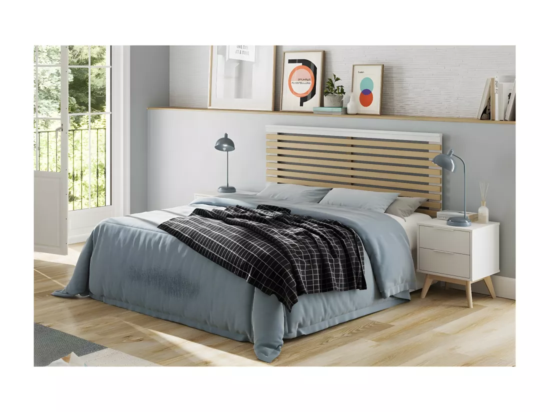 LAUPELL - Pack Lit 140x190cm + 2 Chevets 2 Tiroirs Pin Naturel et Blanc Scandinave