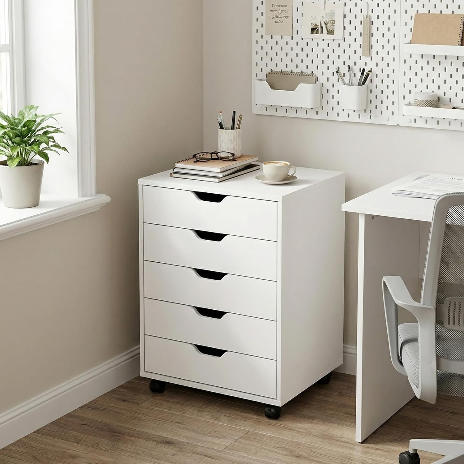 Rollcontainer mit 5 Schubladen, Mobiler Aktenschrank mit 4 Rollen, Holz Büroschrank Schreibtisch Unterschrank, Schmal Schubladenschrank Schreibtischcontainer Druckertisch für Büro, Weiß AS3690545
