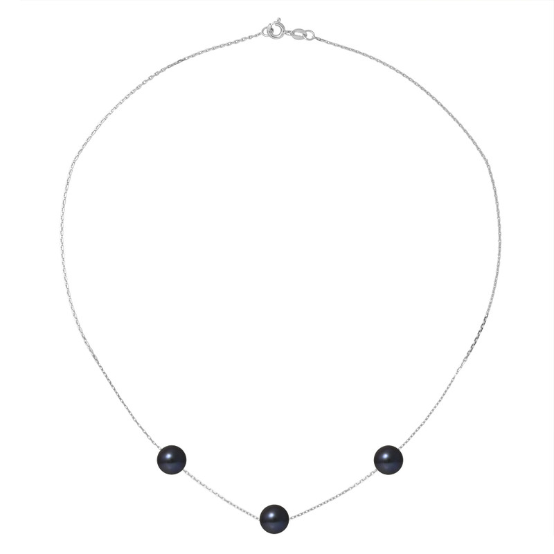 Collier Ras du Cou Femme Chaine Forcat Or Blanc 750/1000 et 3 Perles de Culture Noires