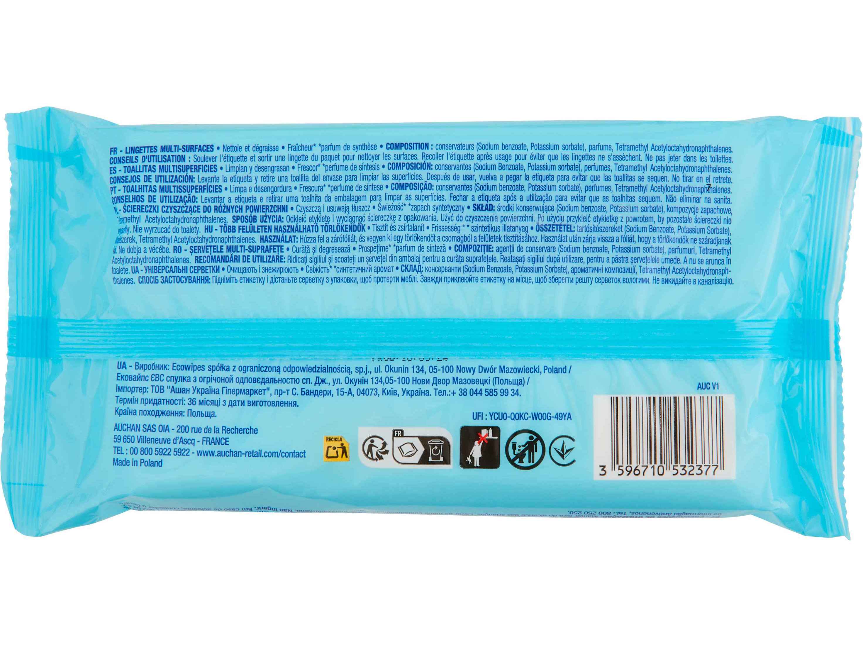 TOALHITAS AUCHAN MULTISSUPERFÍCIE FRESCURA 40UN
