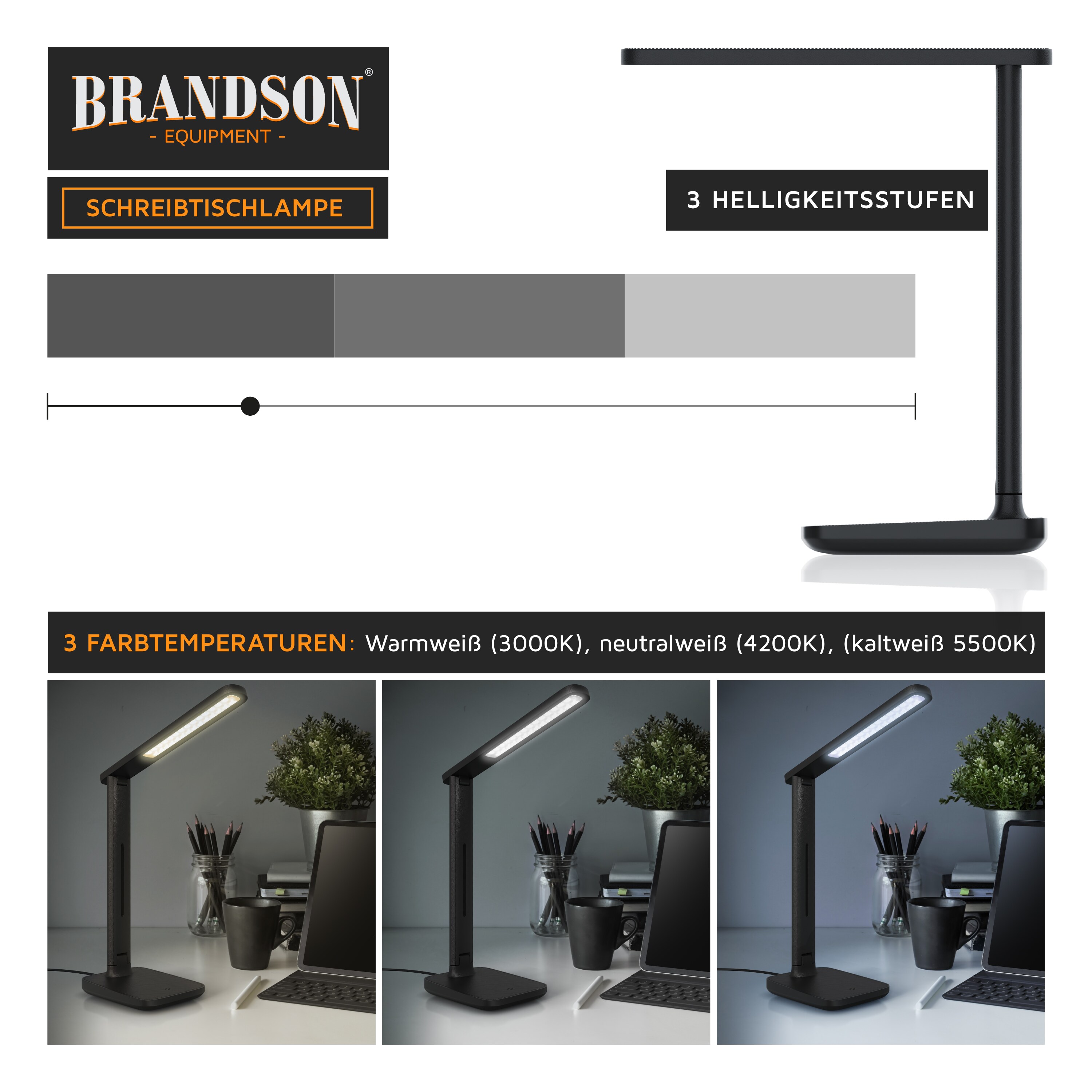 Brandson LED Schreibtischlampe mit 3 Helligkeitsstufen, Leder-Design, 42 LEDs dimmbar, 3 Farbtemperaturen, Sensor Touch, mit Netzteil, Schwarz
