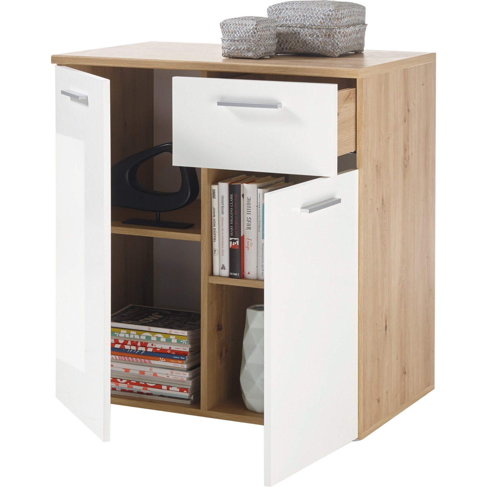 Kommode Paul Dekor Eiche Artisan Hochglanz weiss 80 x 85 x 50 cm