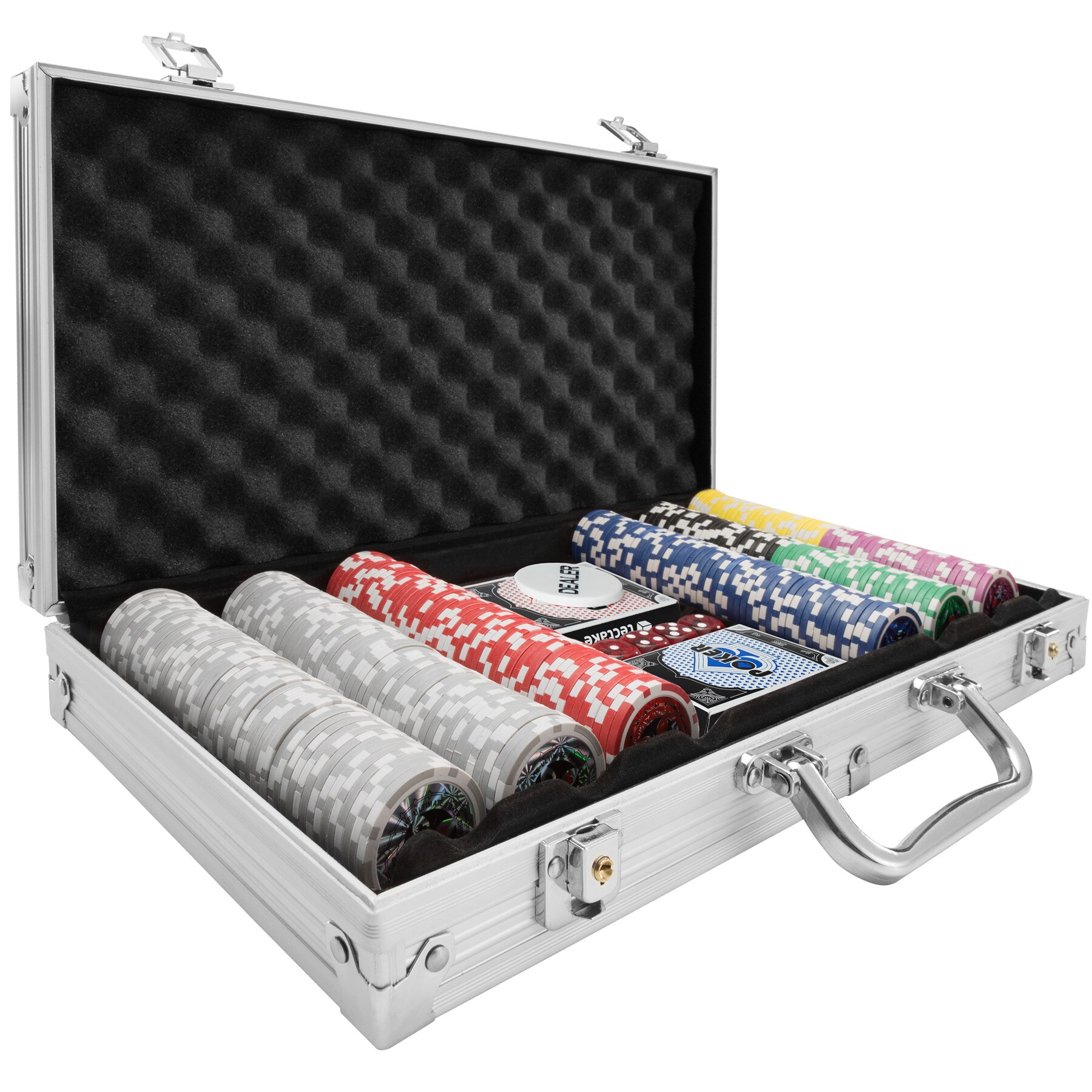 tectake® Pokerset, 300 farbige Chips, 5 Würfel, inklusive verschließbarer Aluminiumkoffer