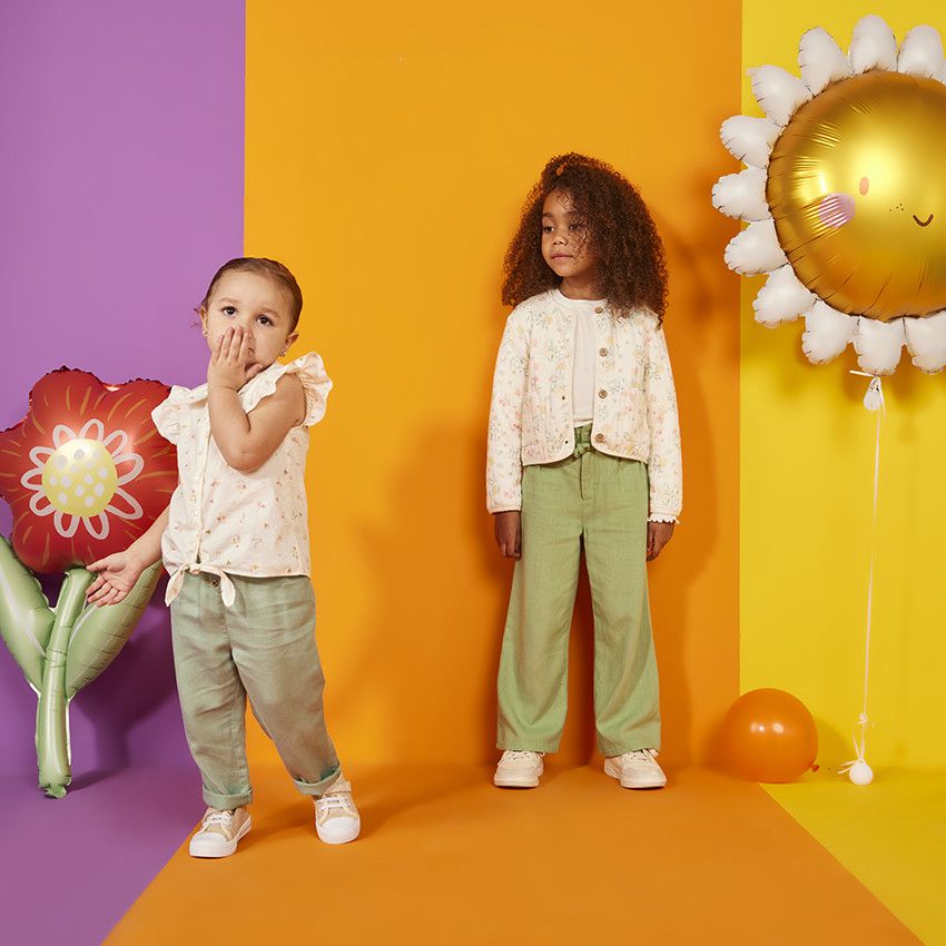 Pantalon en toile avec boutons fleurs pour bébé fille - Vert