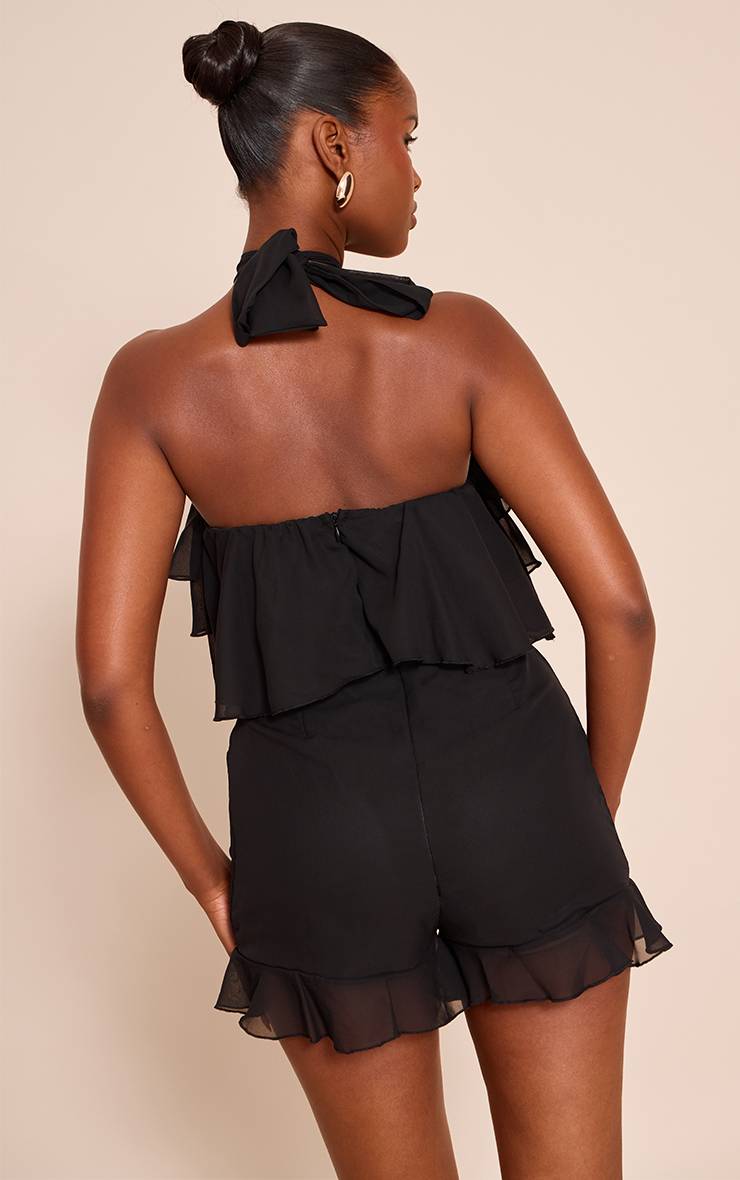 Noir Combi-short En Mousseline À Col Licou Avec Volants