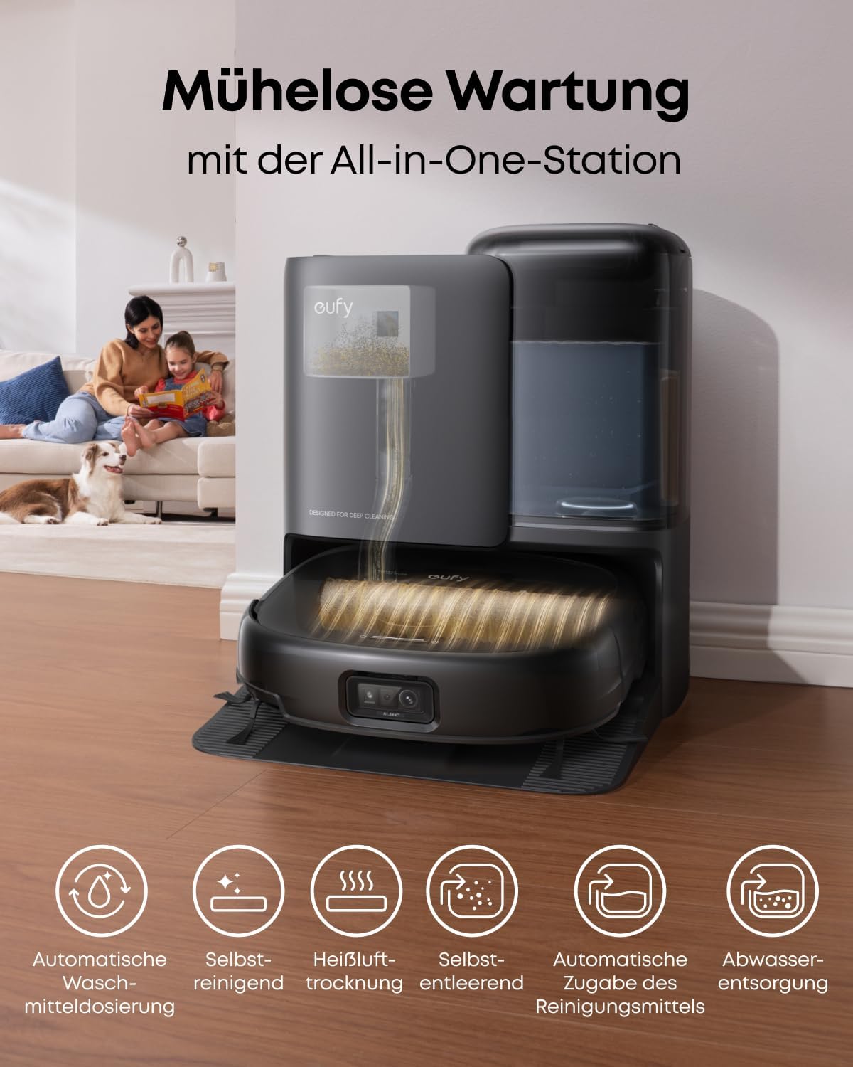 eufy Omni E25 HydroJet Saugroboter mit Wischfunktion, 20.000Pa Turbo-Saugkraft, DuroSpiral Entwirrbürsten, CornerRover Arm für Ecken, All-in-One-Station, für Tiere & Kinder.