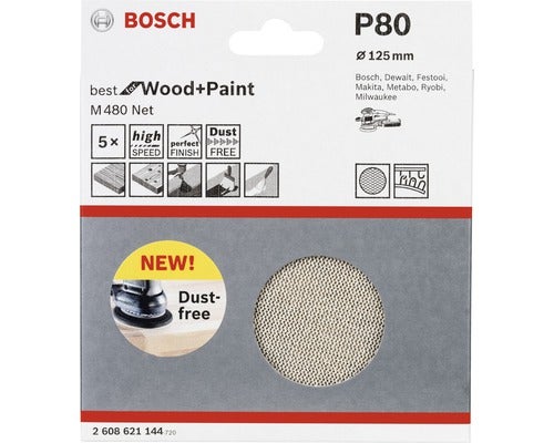 Schuurbladenset voor Bosch M480 excenterschuurmachine, 125 mm, korrel 80, verpakking van 5