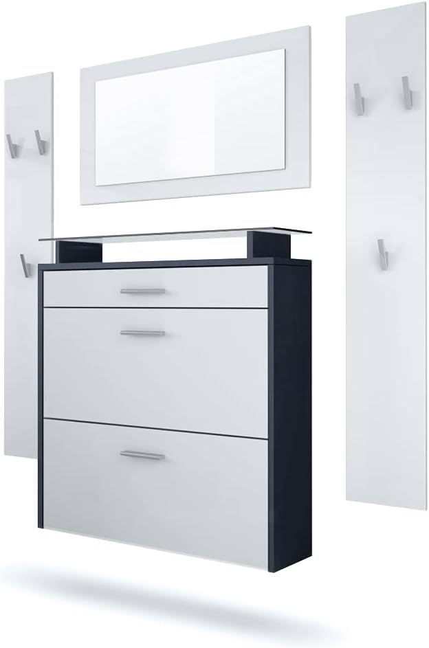 Vladon Garderobe Malea, Garderobenset bestehend aus 1 Hängeschuhschrank, 1 Wandspiegel und 2 Garderobenpaneele, Anthrazit matt/Weiß matt