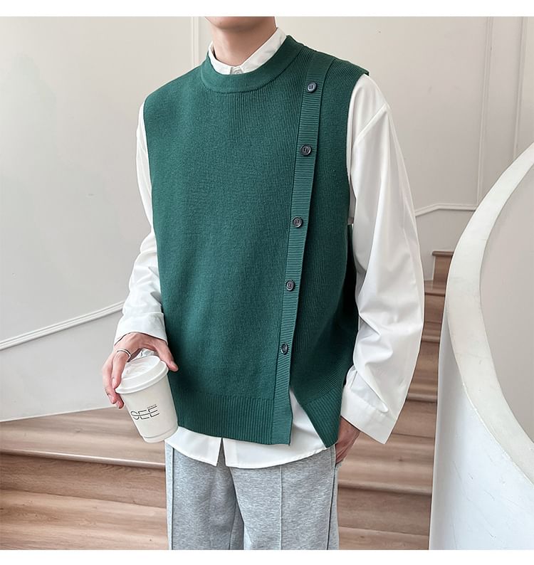 Cowpow - Effen vest met ronde hals en knoopjes en split