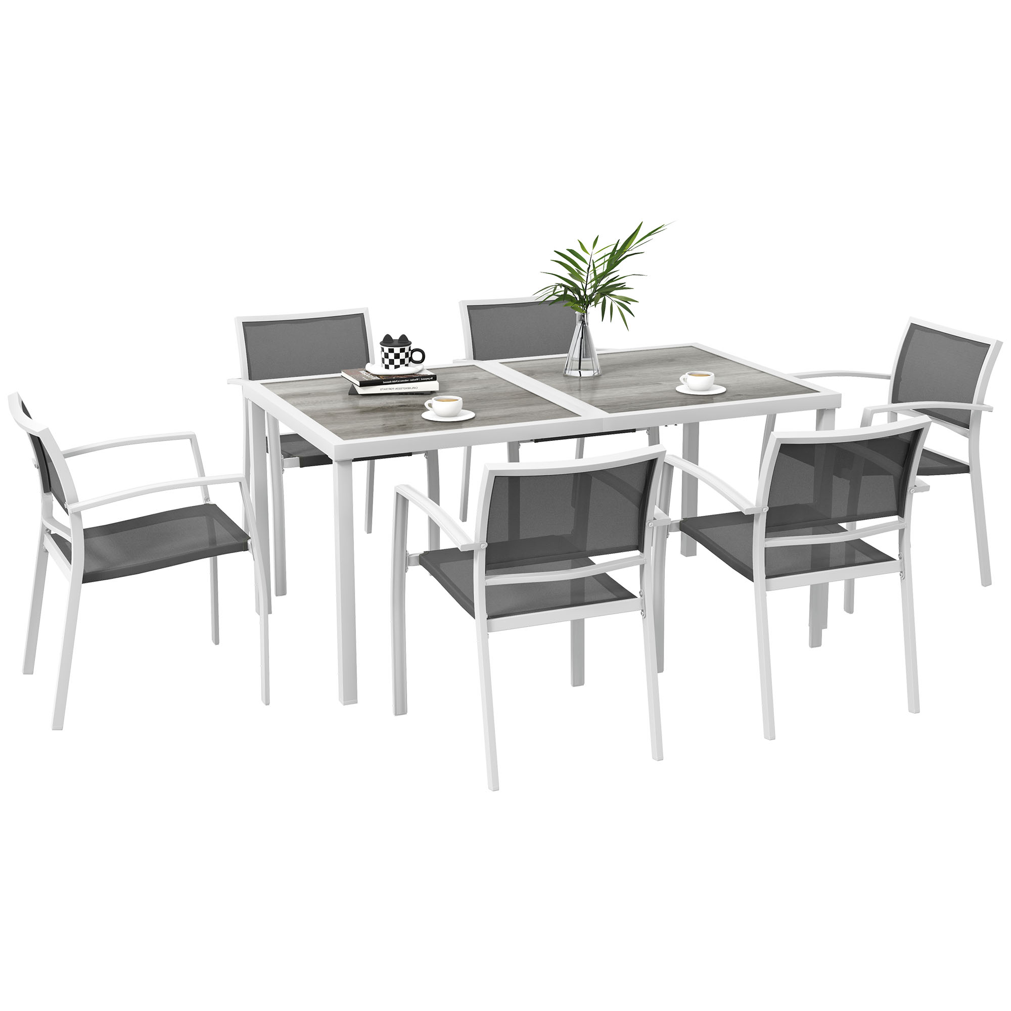 Conjunto de jantar para exterior Outsunny de 7 peças, conjunto de jantar para jardim com 1 mesa e 6 cadeiras empilháveis, estilo moderno para terraço e pátio, branco e cinza.