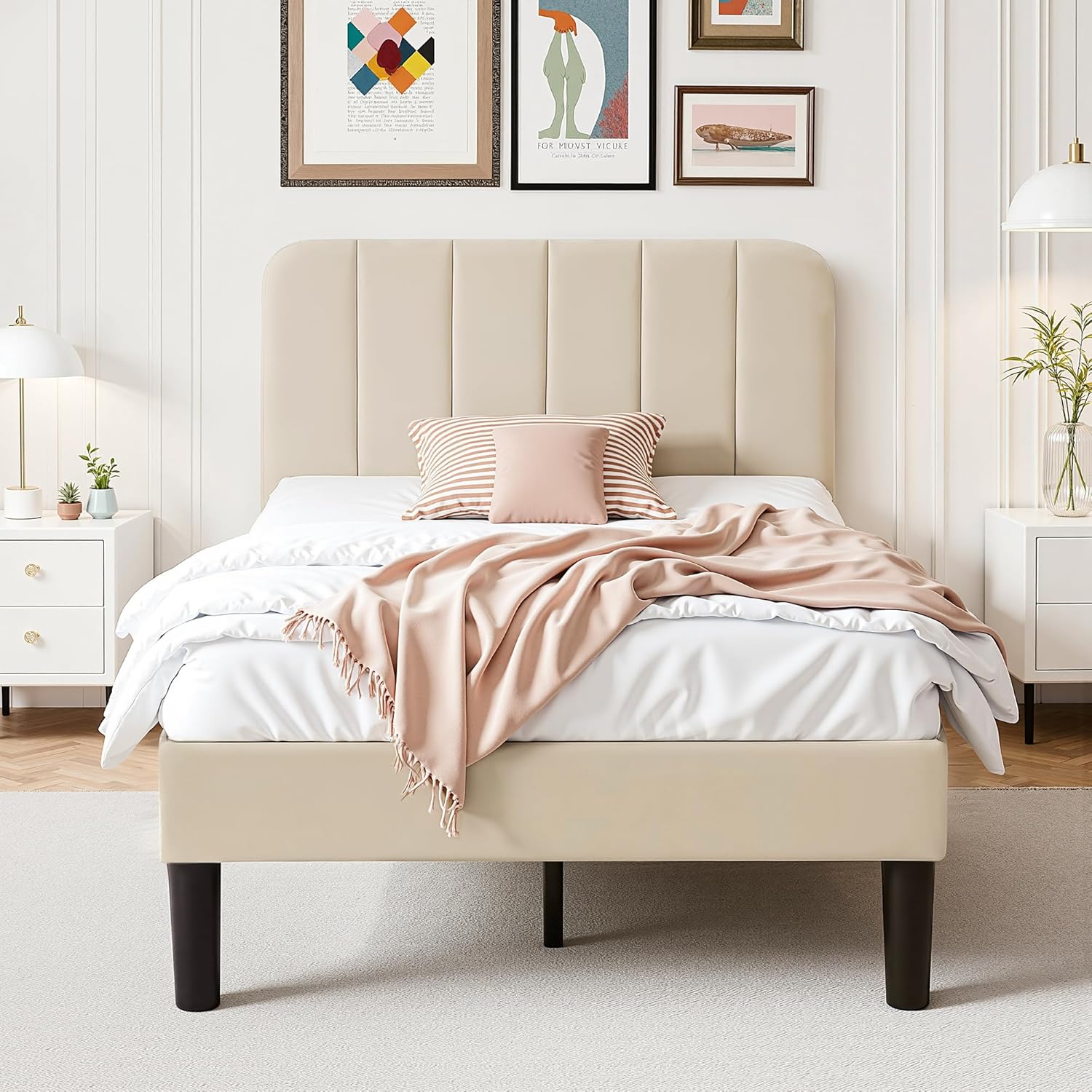VECELO Polsterbett 90x200 cm Einzelbett, Höhenverstellbarem Kopfteil, Massivem Holzlattenrost, Samtstoff und Einfache Montage, Ideal für Jugendzimmer, Beige IU7483533