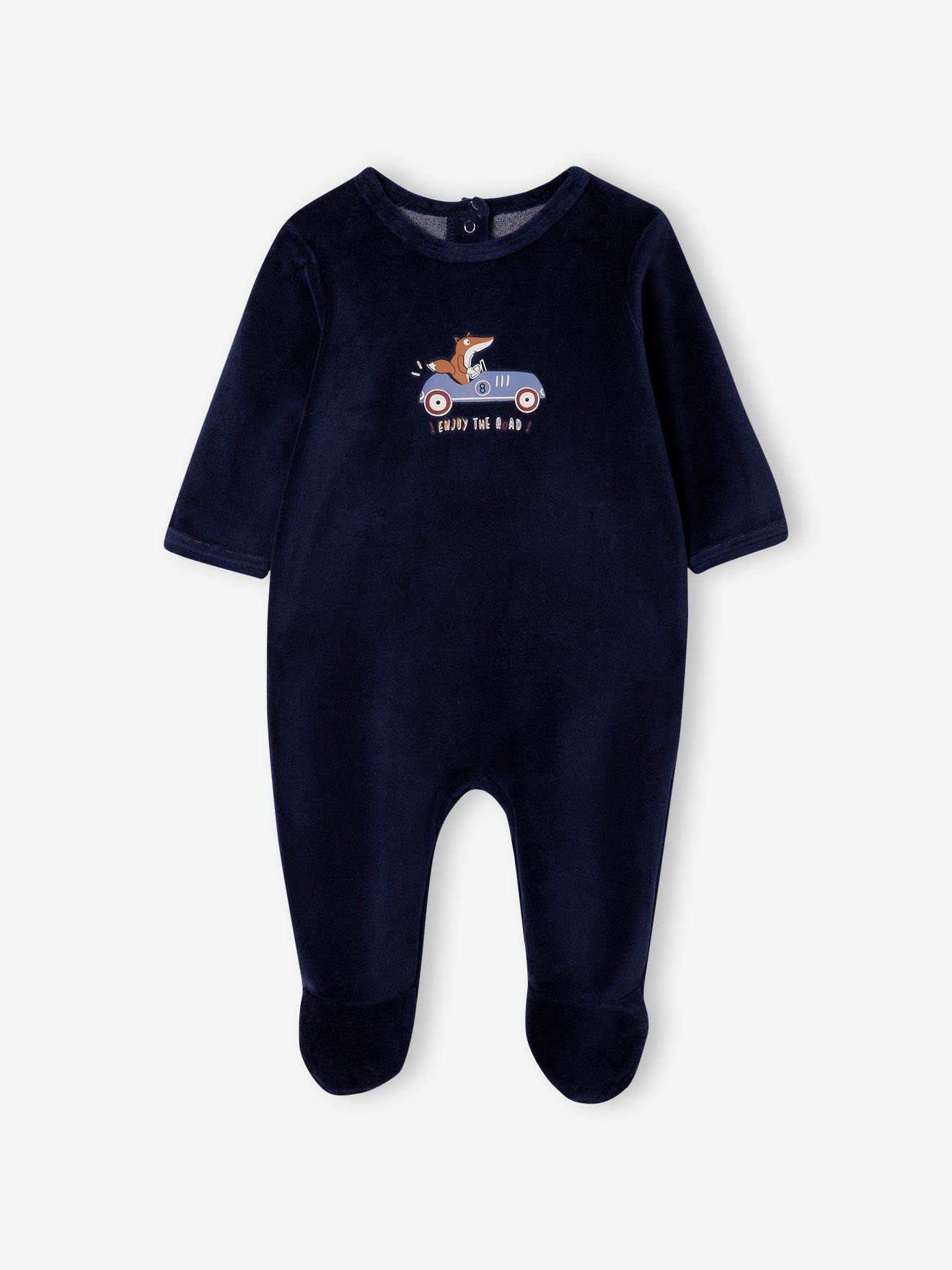 Macacão de bebê azul marinho de veludo com estampa de raposa.