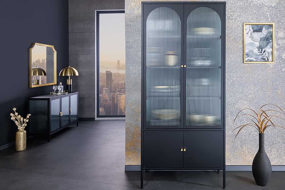 Moderne Vitrine PARIS 180cm schwarz gold Riffelglas Metall Highboard Schrank