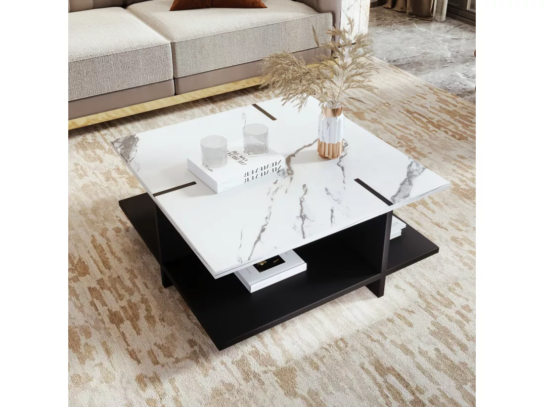 Table basse carrée avec compartiment de rangement ouvert - 72 x 72 x 32 cm - bois MDF - blanc et noir