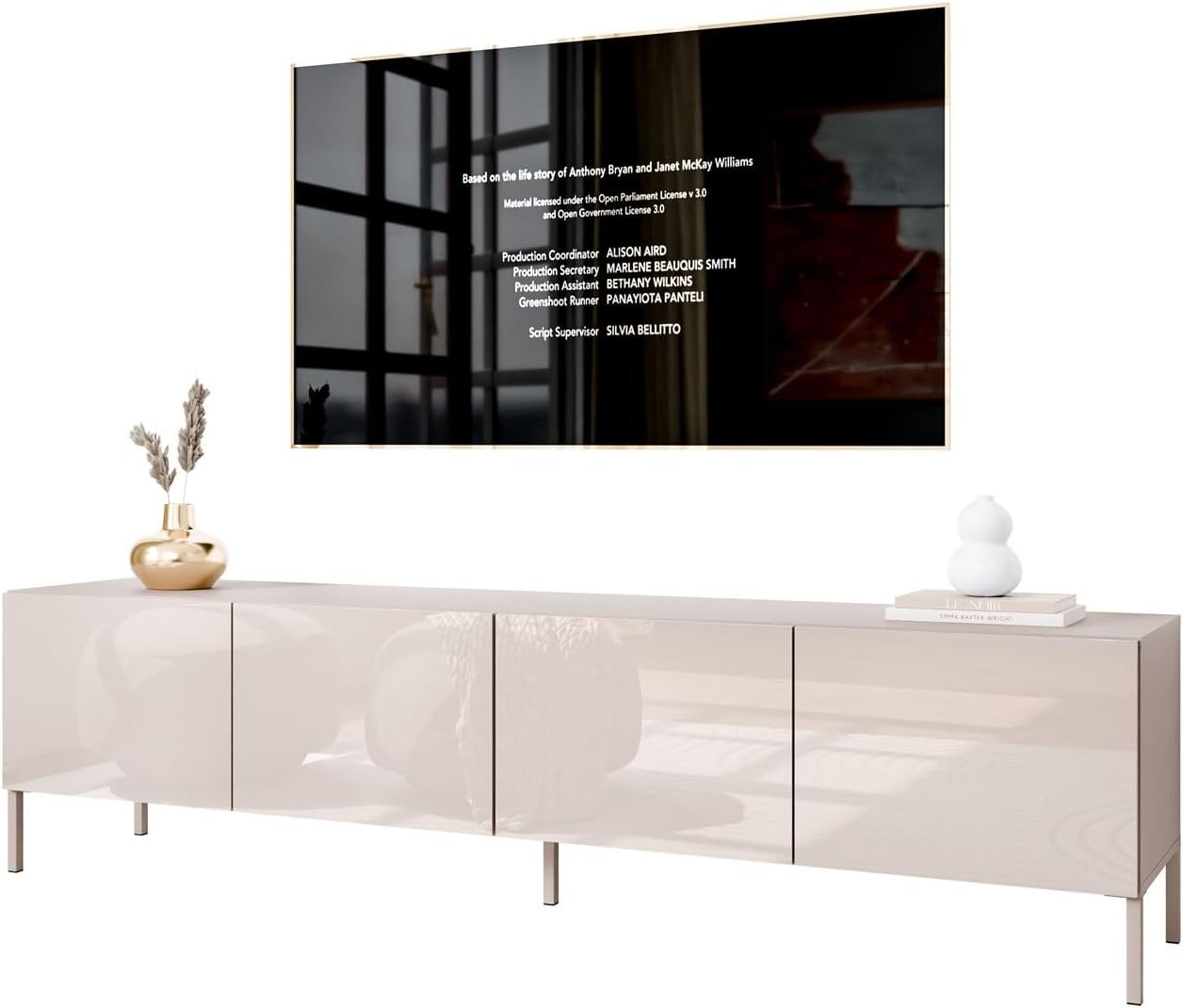 Lookway Moderner wandhängender TV-Schrank in Kaschmir Hochglanz, optional mit LED-Beleuchtung auf geraden Boho-Beinen – COLGANTE 200 cm (ohne LED Beleuchtung, Beine: Kaschmir) OT2502383