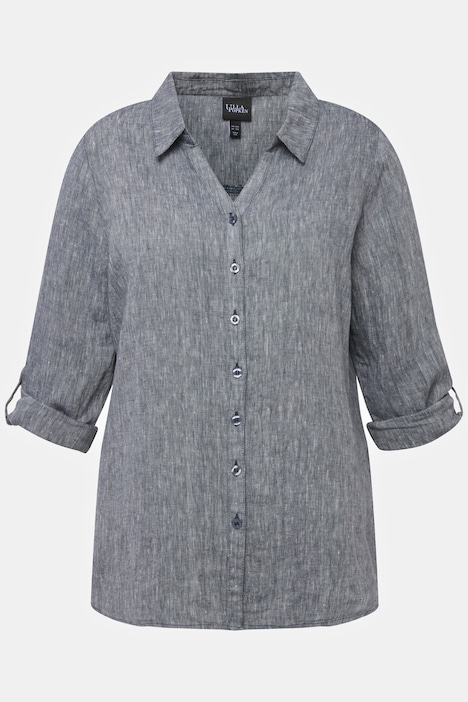 Bluse, Leinen, offener Kragen, Langarm