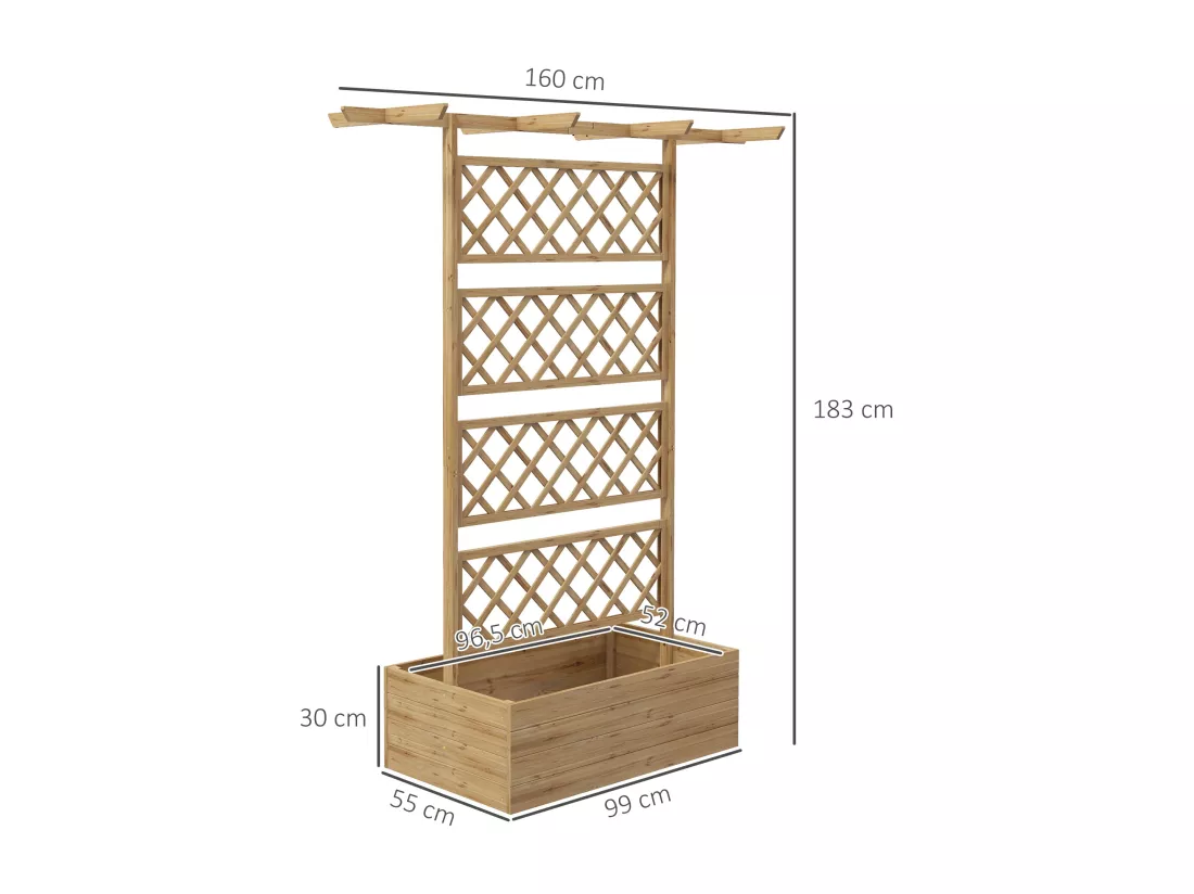 Jardinière avec treillis et pergola - dim. 160L x 55l x 183H cm - bois sapin pré-huilé