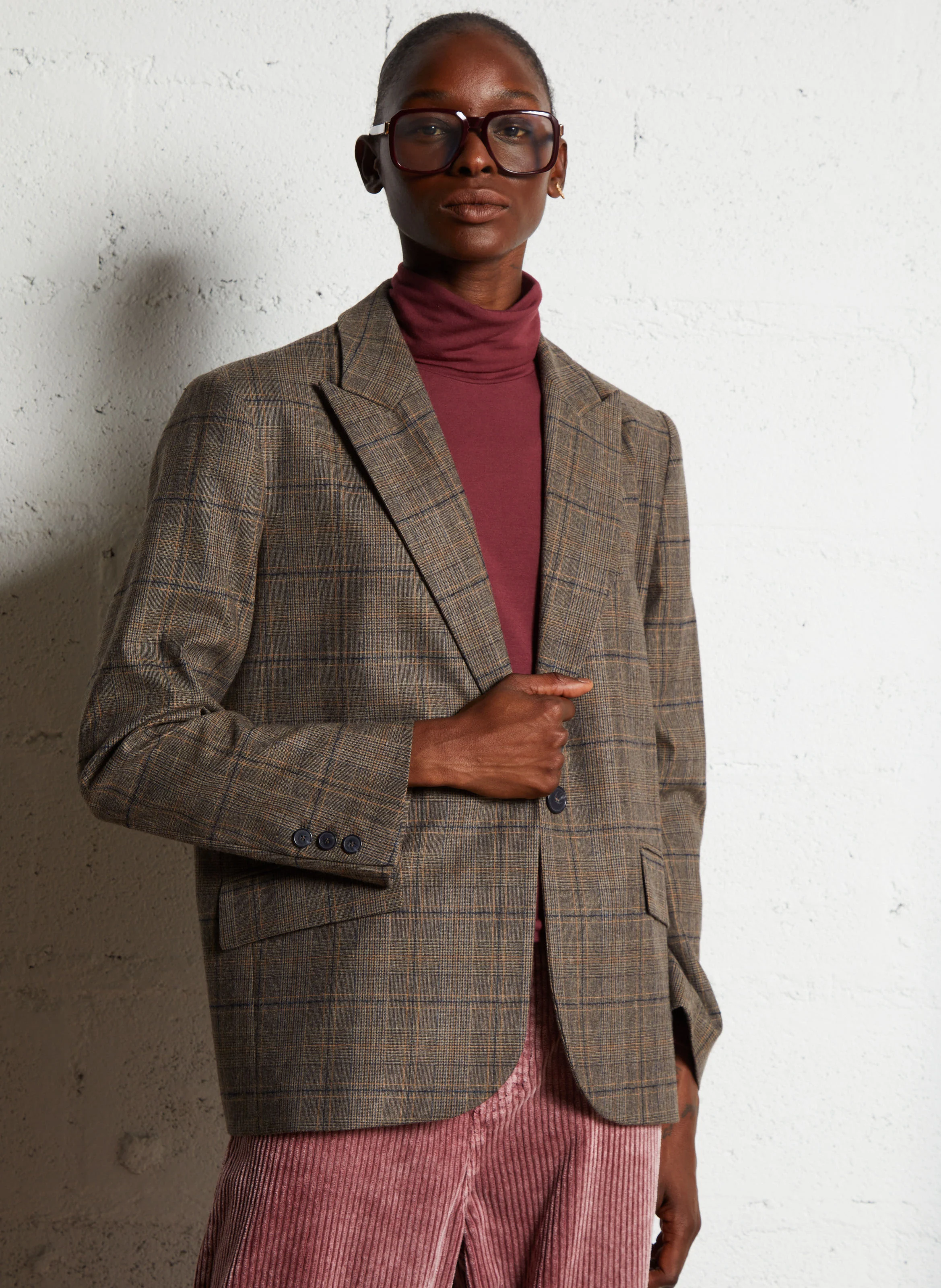 CEECEE - Veste droite col tailleur motif Prince de Galles | Marron