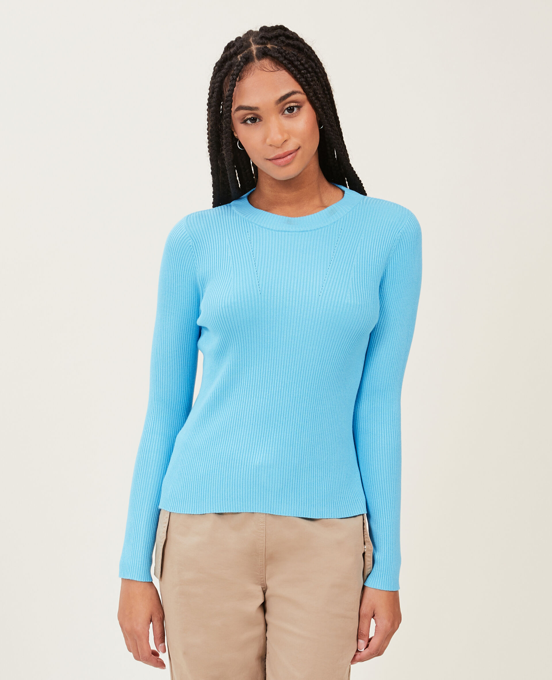 Pull col rond maille côtelée - Bleu turquoise