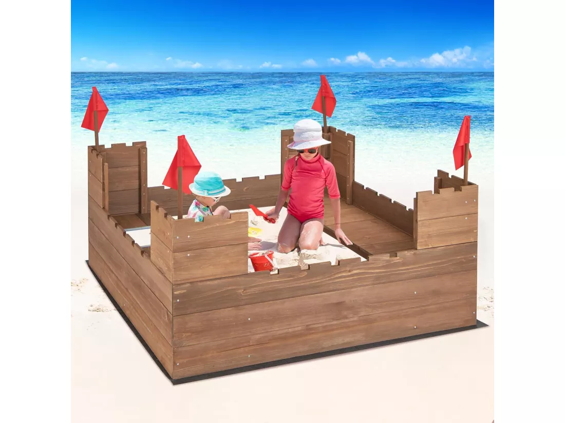 Bac à Sable en Bois Enfants 113 x 116 CM avec 2 Bancs, Boîte à Sable sur Thème du Château avec 2 Boîte Amovibles & Drapeaux, Capacité de Sable 120L pour 2 Enfants de 3-8 Ans