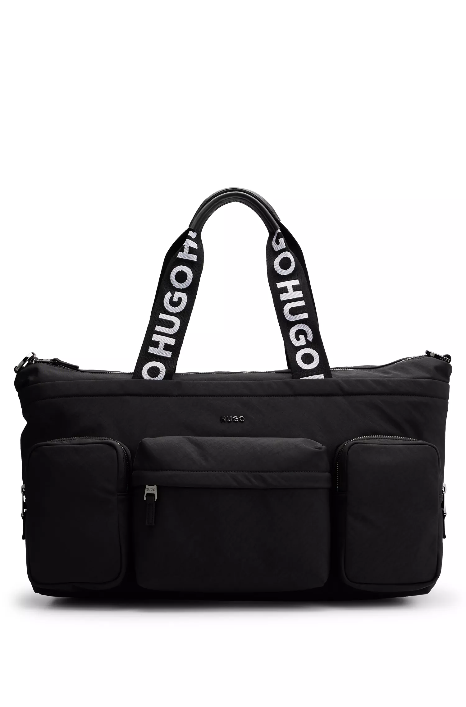 Mala de viagem HUGO com detalhes em vermelho e alças personalizadas.