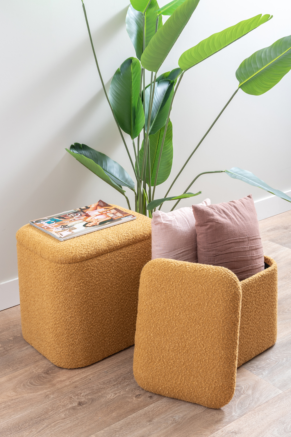 Pouf set Ada storage bouclé ochre yellow, set of 2pcs