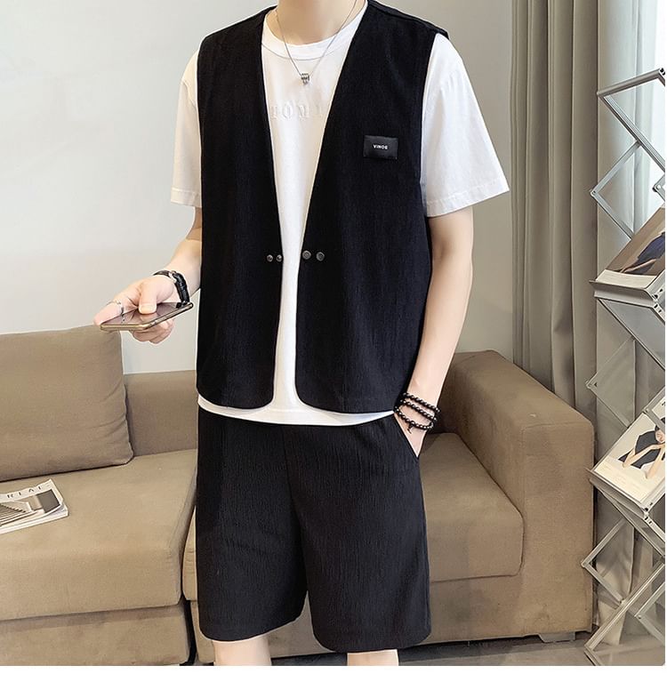Cowpow - Set: V-hals effen dubbelrijs vest + shorts met trekkoord in de taille