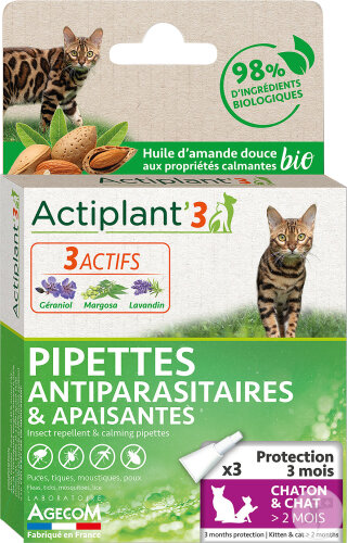 Actiplant Pipettes Antiparasitaires Et Apaisantes Bio Chaton Et Chat 3x0,6ml