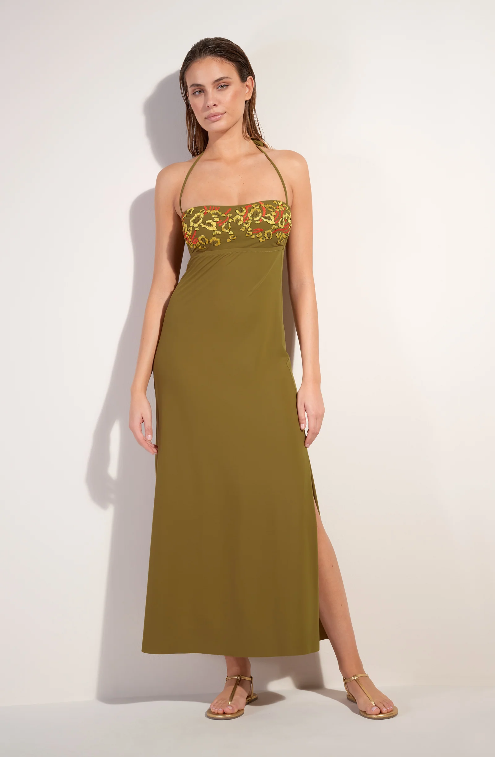 reine Robe longue bustier en voile extensible bronze Bronze