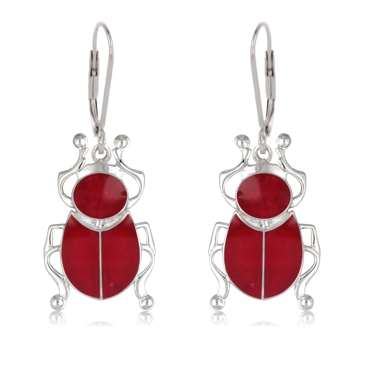Boucles d'Oreille Scarabée en Corail Serti Argent 925