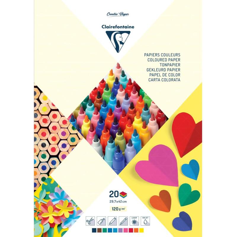 PAPIER COULEUR, Bloc de 20 feuilles 120g/m2 au format 29,7x42cm - Assortiment