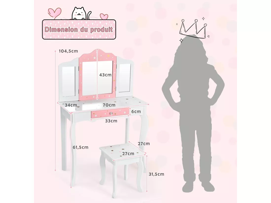 Ensemble Coiffeuse et Tabouret pour Enfants, Miroir à 3 Volets Amovible, Table de Maquillage avec Tiroir Blanc