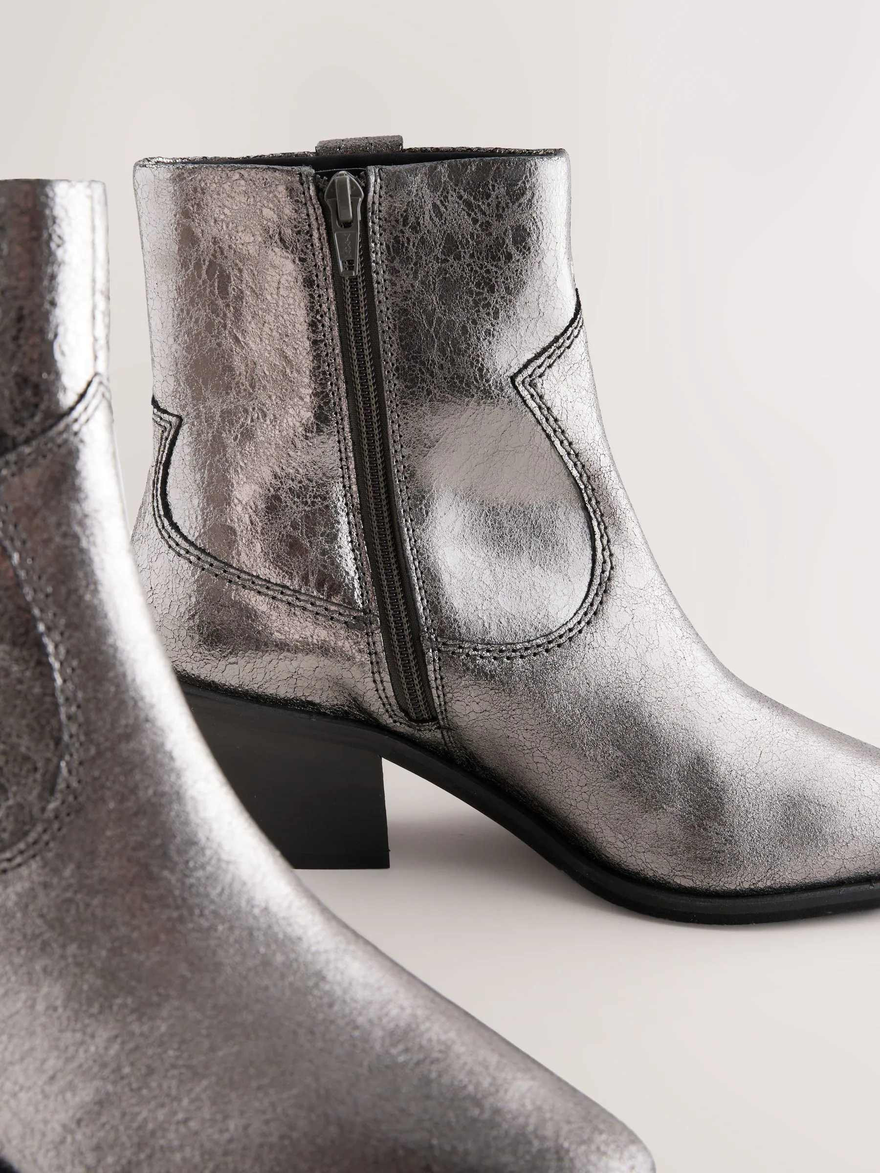 Metallic Silver Leather - Cowboy Block Heel Ankle Boots