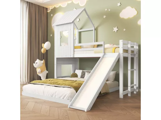 Lit superposé cabane pour enfant avec toboggan - 90x200cm et 140x200cm - Pin certifié FSC + MDF - Blanc