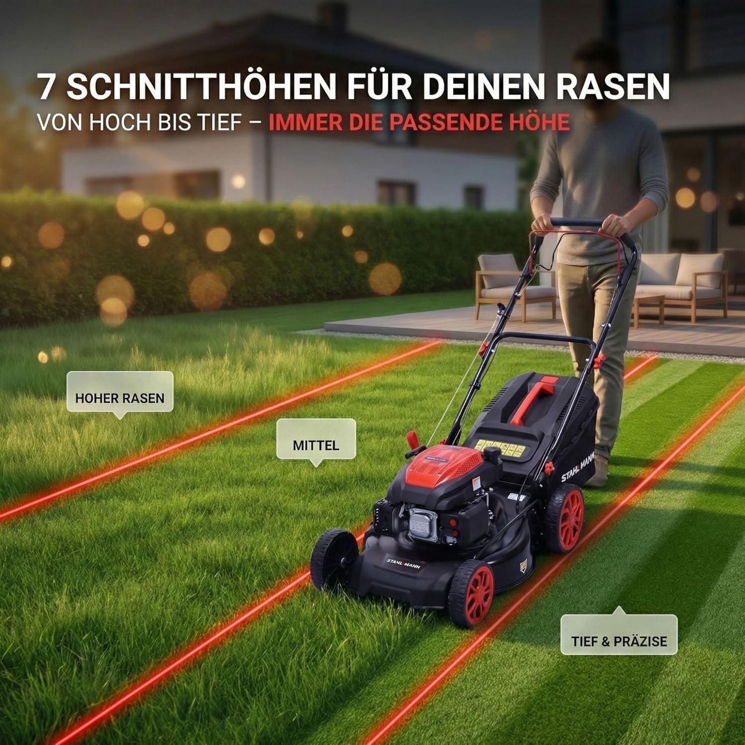 STAHLMANN Rasenmäher Benzin mit Antrieb BR532 – 7,0PS (5,1kW) 223ccm mit Antrieb, 53cm Schnittbreite, Mulchen, Schnitthöhenverstellung, Easy Clean Anschluss, Große Räder, 60L Korb