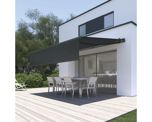 Vernazza 2x1,5 semi-cassette zonnescherm, antraciet doek, RAL7016 antracietgrijs frame, inclusief motor, afstandsbediening en noodhandzwengel met handmatig verstelbare volant (1,5m)