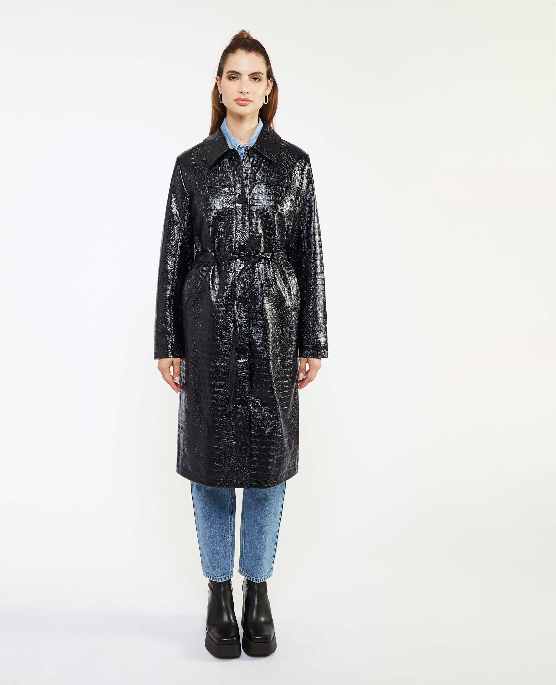 Manteau ceinturé effet croco - Noir
