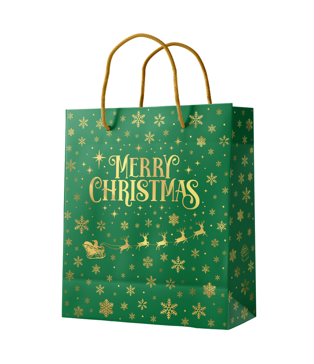 Kerst Cadeautasje Groen Goud Merry Christmas M 21cm