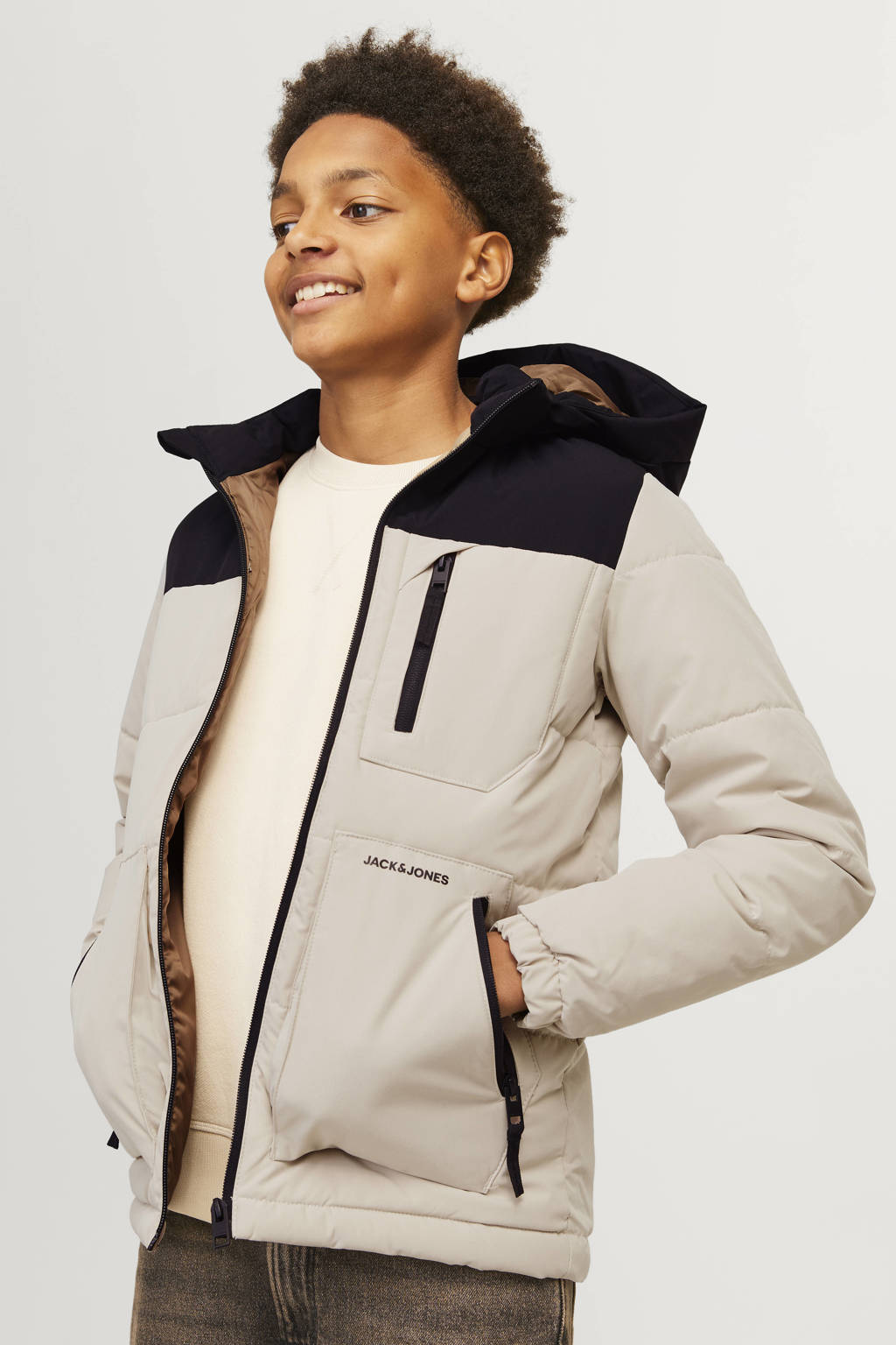 JACK & JONES gewatteerde winterjas JJEOTTO ecru/zwart