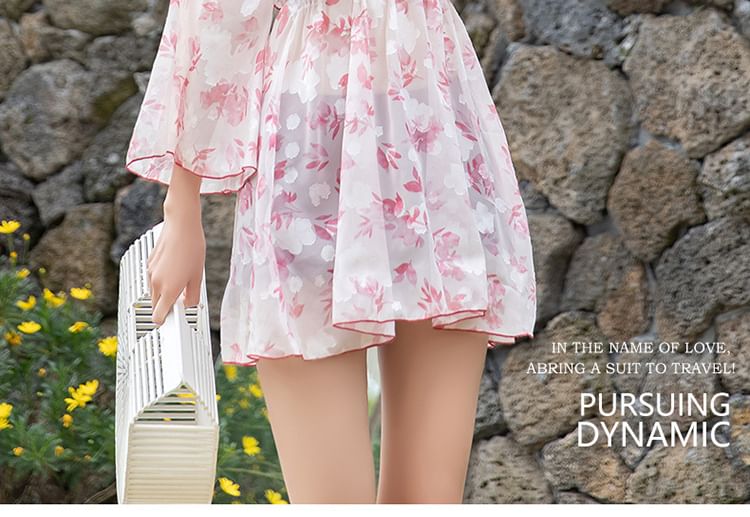 Moonrise badkleding - Set: effen tankinitop + zwemshort + cover-up met bladprint