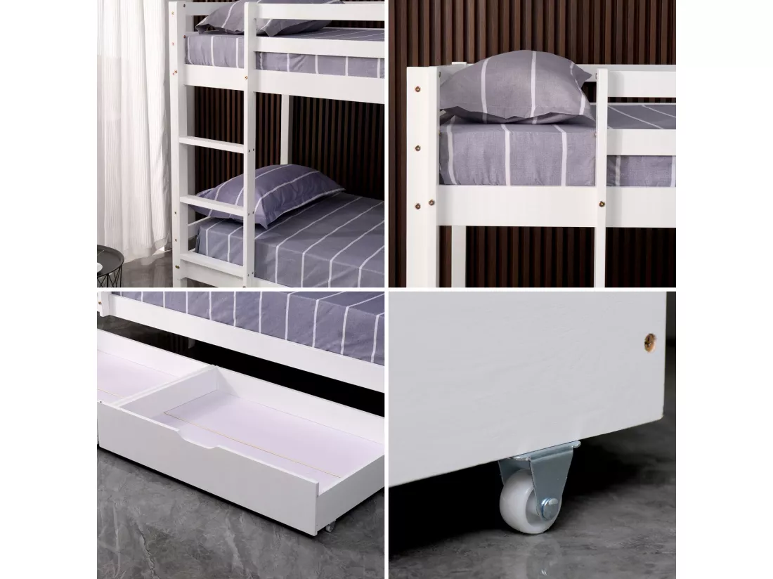 Lits superposés pour enfants 190x90cm blanc avec tiroirs AMBRE - HAPPY GARDEN