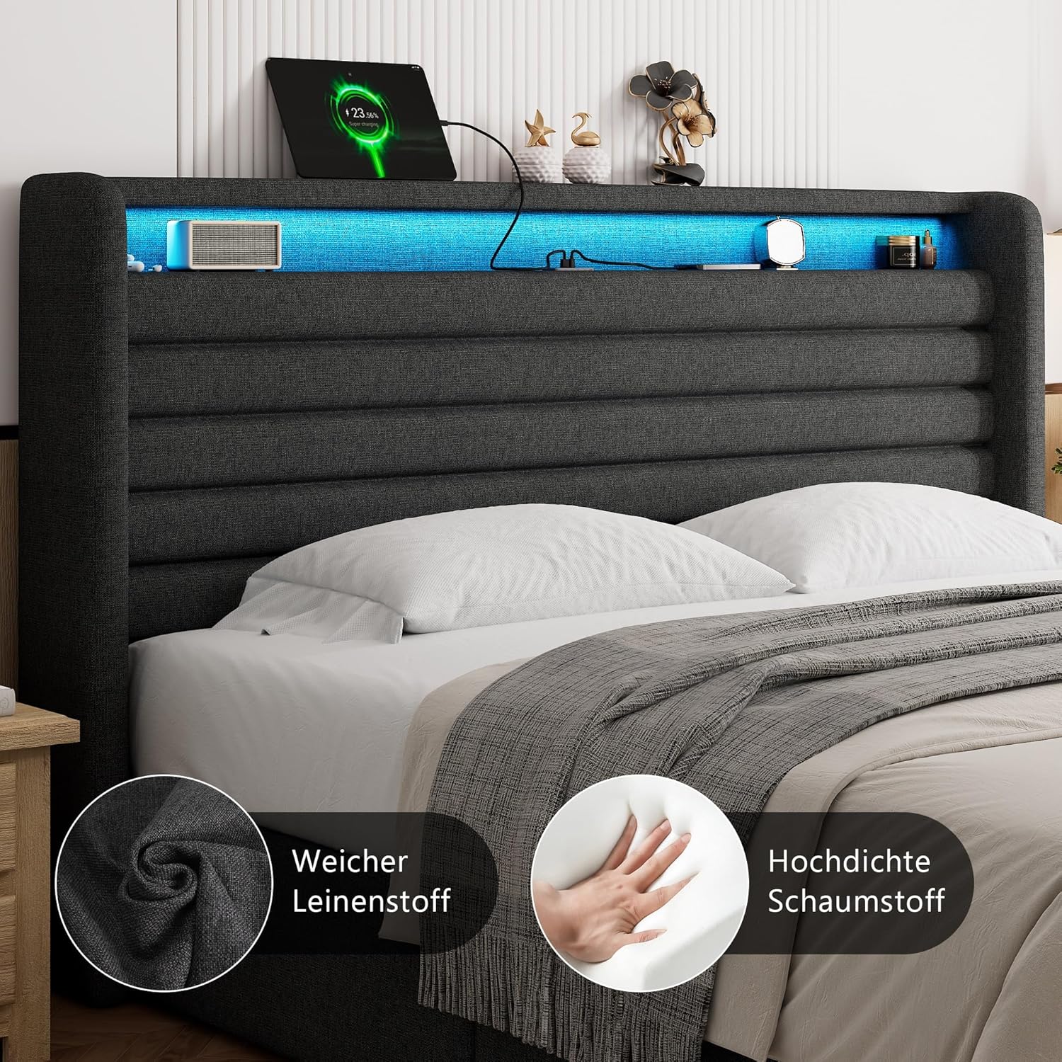 FEONASE Bett 180x200 mit Stauraum, Polsterbett 180x200 cm mit LED-Beleuchtung & Ladestation, Bettgestell mit Hydraulischem und Kopfteil Stauraum, Lattenrost, Ohne Matratze, Dunkelgrau