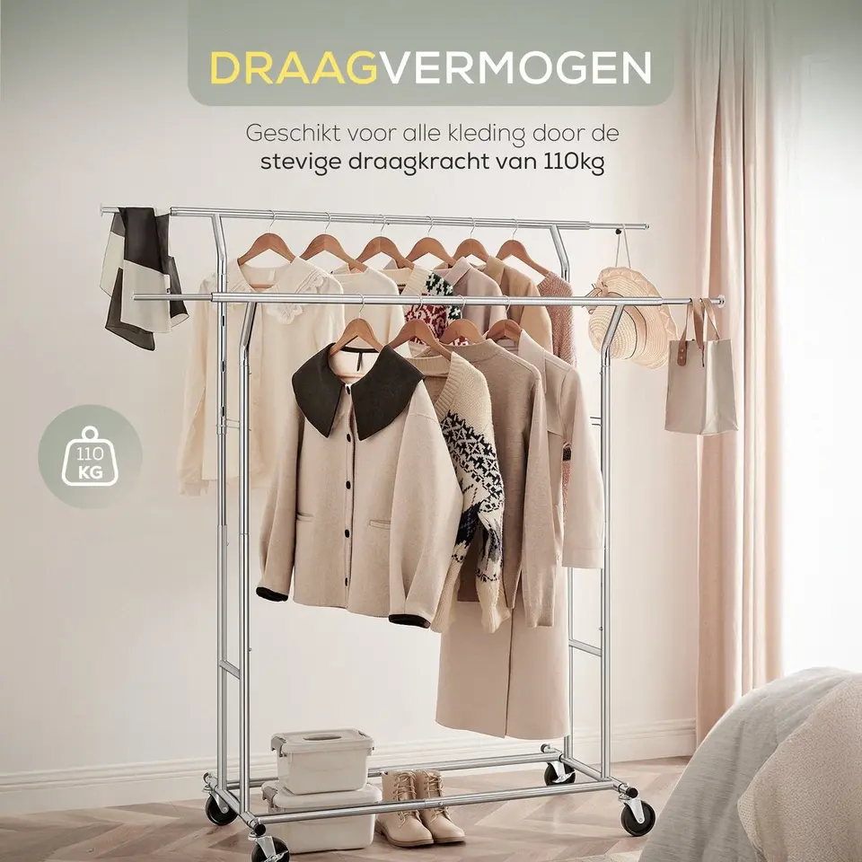 O'DADDY Kledingrek - Dubbele Stang - Uitschuifbaar & Verstelbaar - 110 kg