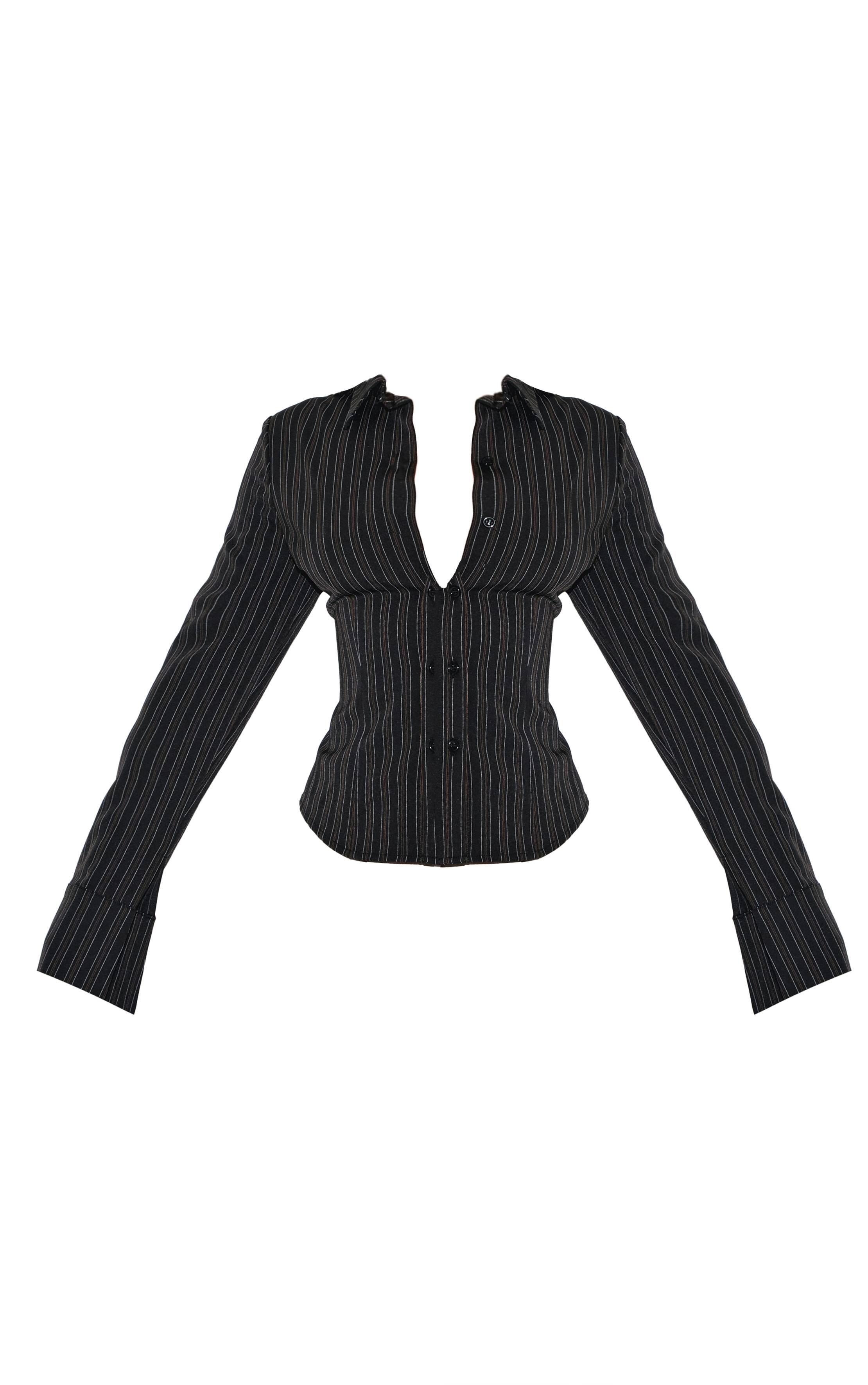 Noir Chemise Ajustée Petite À Rayures Et Manches Longues