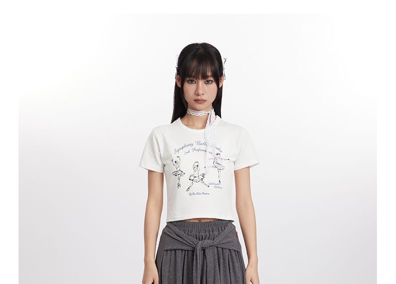Nariele - Korte mouw ballet- en letterprint slim-fit crop top